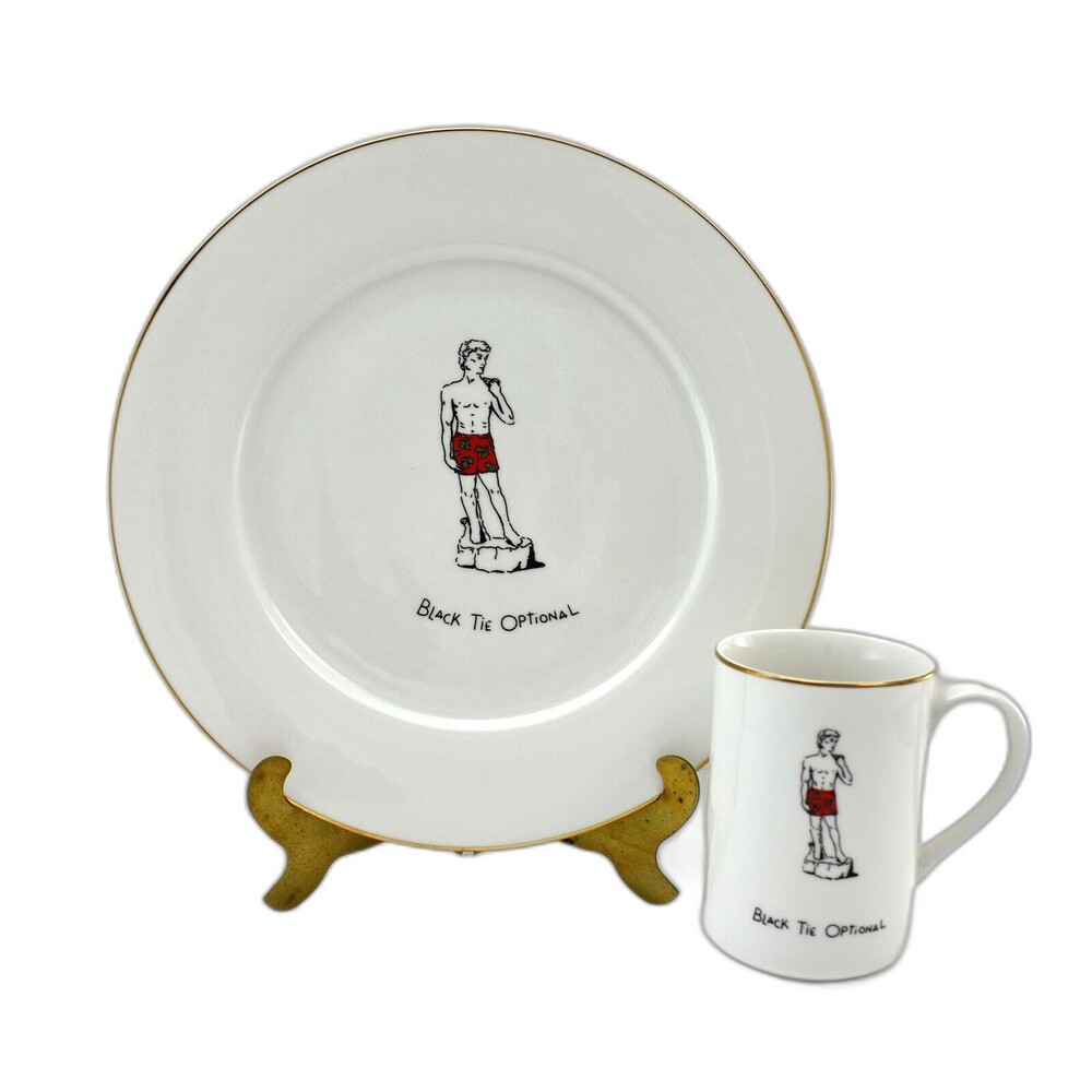 Black Tie Optional White Dinner Plate and Mug Set with Gold Trim